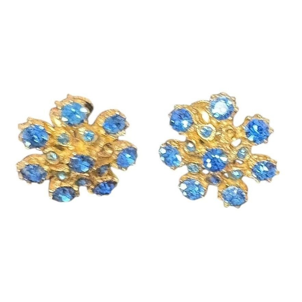 Vintage Coro Blue Rhinestone Floral Screw Back Earrings Mid Century Costume
